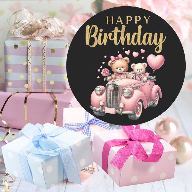 Pegatina Redonda Feliz Cumpleaños Coche Rosa y Osos Sticker (Happy Birthday Pink Car and Bears Sticker Mockup 2)