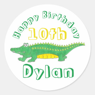 Pegatina Redonda Feliz cumpleaños, cocodrilo del lagarto verde amar