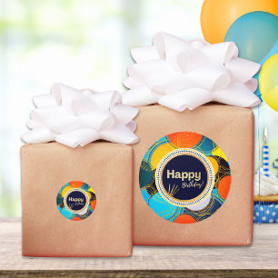 Pegatina Redonda Feliz cumpleaños colorido 80 Retro Resumen Azul