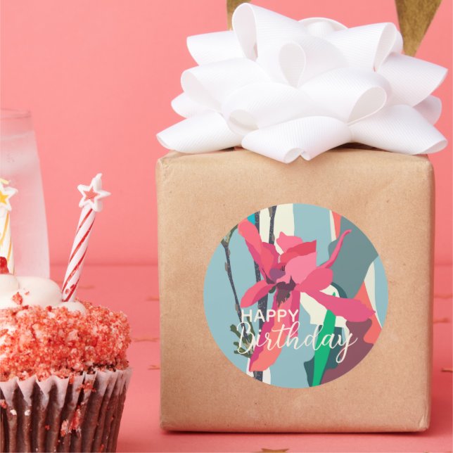 Pegatina Redonda Feliz cumpleaños colorido resumen de Magnolia rosa (Fiesta)