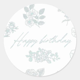Pegatina Redonda Feliz cumpleaños con fondo floral - azul claro