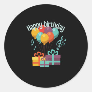 Pegatina Redonda Feliz cumpleaños con globos, notas musicales y