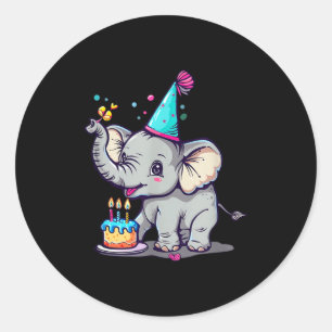 Pegatina Redonda Feliz Cumpleaños Con Un Gran Elefante, Gorro De Fi