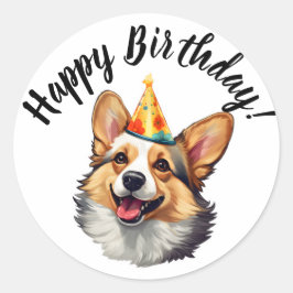 Pegatina Redonda Feliz cumpleaños cono Corgi