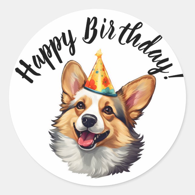 Pegatina Redonda Feliz cumpleaños cono Corgi (Anverso)
