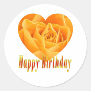 Pegatina Redonda Feliz cumpleaños, corazón de rosa amarillo1