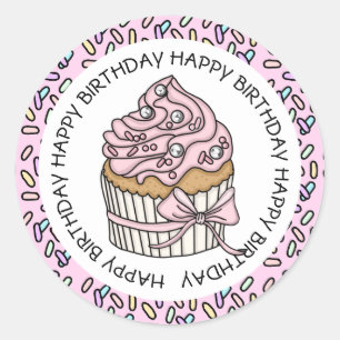 Pegatina Redonda Feliz cumpleaños Cupcake de rosa y vainilla   