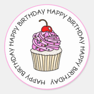 Pegatina Redonda Feliz Cumpleaños Cupcake de Rosa y Vainilla