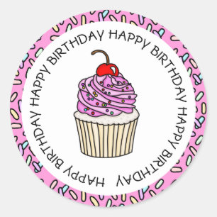 Pegatina Redonda Feliz Cumpleaños Cupcake de Rosa y Vainilla 