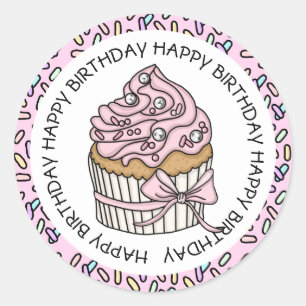 Pegatina Redonda Feliz Cumpleaños Cupcake de Rosa y Vainilla