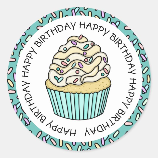 Pegatina Redonda Feliz Cumpleaños Cupcake de Té y Vainilla   (Anverso)