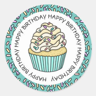 Pegatina Redonda Feliz Cumpleaños Cupcake de Té y Vainilla 