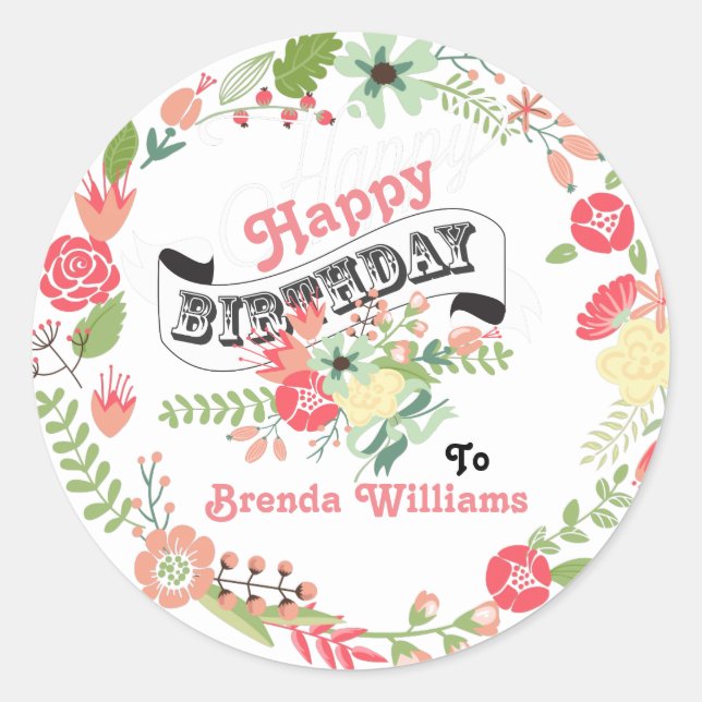 Pegatina Redonda Feliz Cumpleaños Cute Floral Wreath (Anverso)