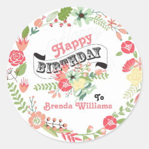 Pegatina Redonda Feliz Cumpleaños Cute Floral Wreath