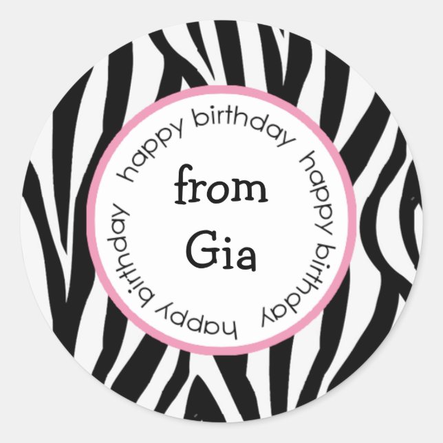 Pegatina Redonda Feliz cumpleaños de la cebra a/desde los pegatinas (Anverso)