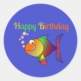 Pegatina Redonda Feliz cumpleaños de las burbujas de los peces
