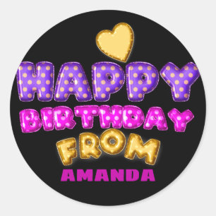 Pegatina Redonda Feliz cumpleaños de nombre globos de corazón rosad