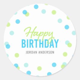 Pegatina Redonda Feliz cumpleaños del confeti verde azul de la