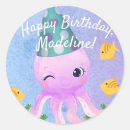 Pegatina Redonda Feliz cumpleaños del pulpo púrpura