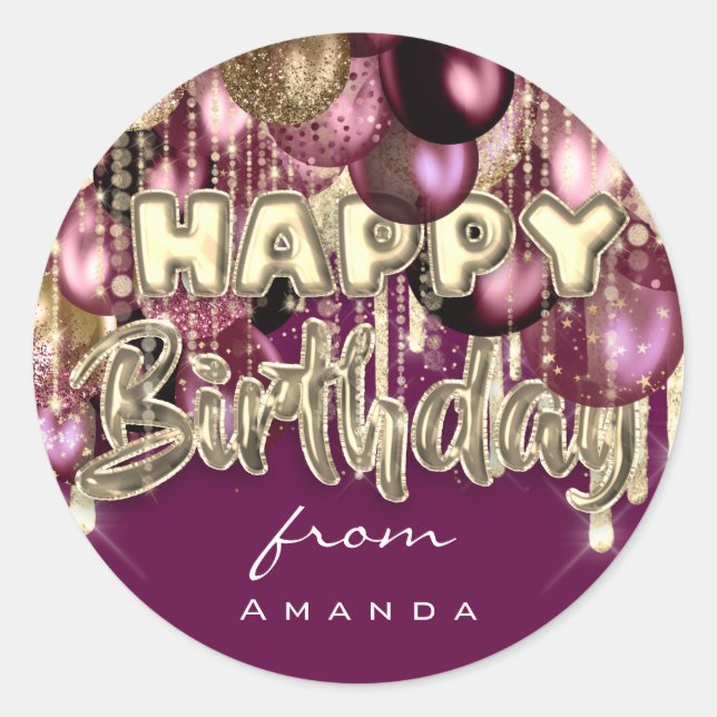 Pegatina Redonda Feliz cumpleaños desde Borgoña GOLD Balloons Berry (Anverso)