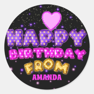 Pegatina Redonda Feliz cumpleaños desde el nombre Balloon Pink conf