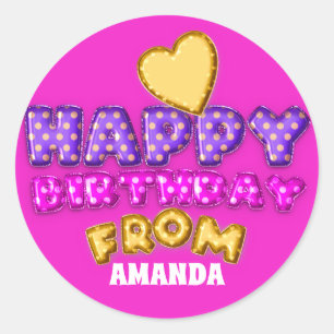 Pegatina Redonda Feliz cumpleaños desde el nombre Globos Corazón Ro