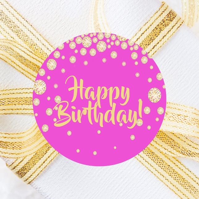 Pegatina Redonda Feliz cumpleaños diamantes de oro rosado caliente (Subido por el creador)