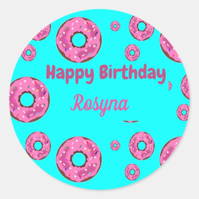 Pegatina Redonda Feliz cumpleaños, donuts de crema rosada azul (Anverso)