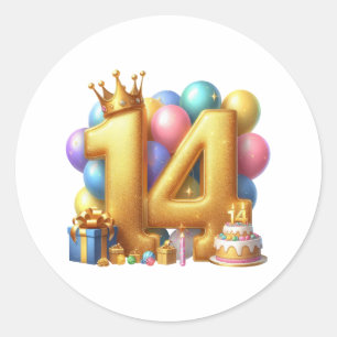 Pegatina Redonda Feliz cumpleaños dorado 14