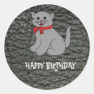 Pegatina Redonda Feliz Cumpleaños Efecto Cuero Negro