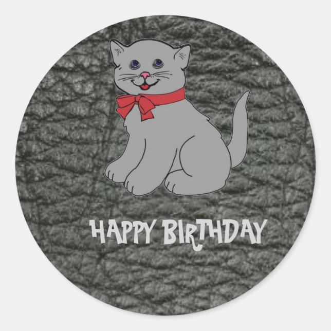 Pegatina Redonda Feliz Cumpleaños Efecto Cuero Negro (Anverso)