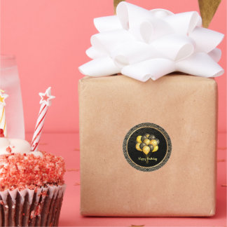 Pegatina Redonda Feliz cumpleaños, elegante negro y oro,