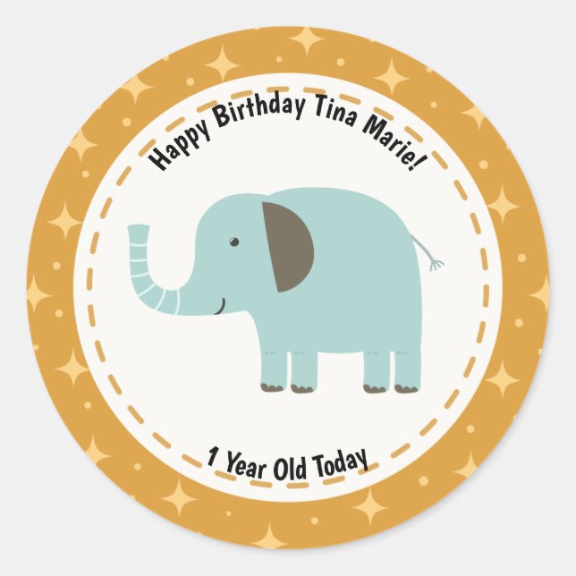 Pegatina Redonda Feliz cumpleaños Elephant Zoo Animals (Anverso)