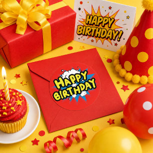 Pegatina Redonda Feliz Cumpleaños estilo cómic