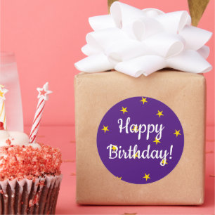 Pegatina Redonda Feliz cumpleaños Estrellas moradas amarillas simpl