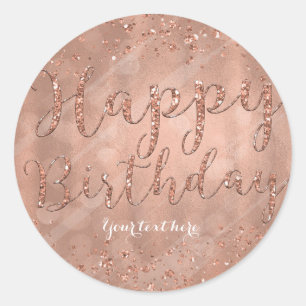 Pegatina Redonda Feliz Cumpleaños Falso Oro Rosa Brillante Fiesta