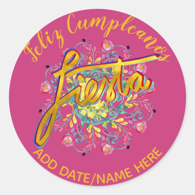 Pegatina Redonda Feliz Cumpleanos FIESTA Flores Folk Personalizadas (Anverso)