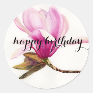 Pegatina Redonda Feliz Cumpleaños: Flor de Magnolia