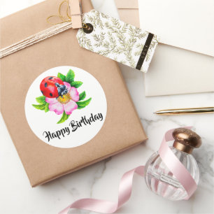 Pegatina Redonda Feliz cumpleaños Floral Ladybug
