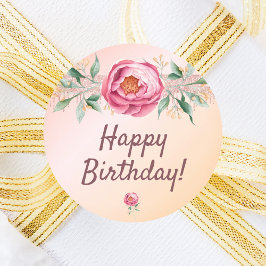 Pegatina Redonda Feliz cumpleaños floral rosa rosa rosa rosa dorado