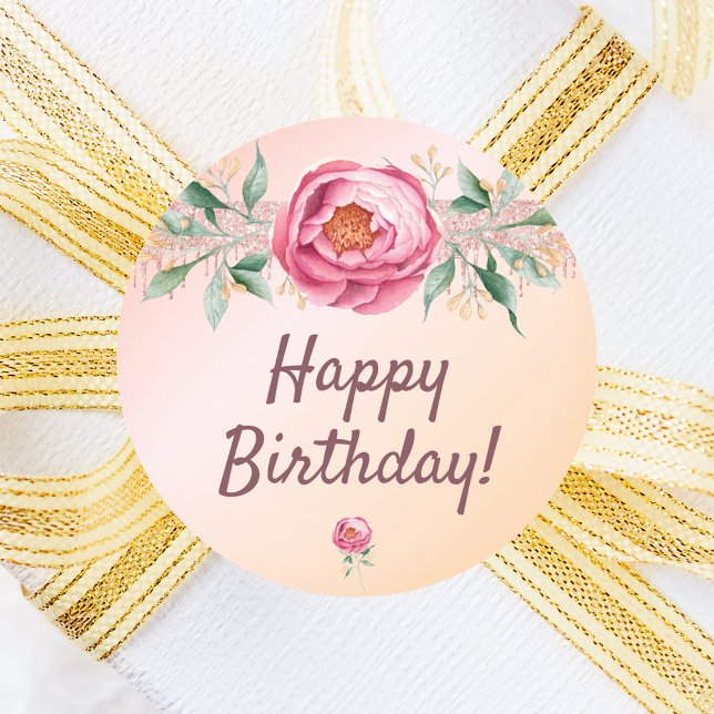 Pegatina Redonda Feliz cumpleaños floral rosa rosa rosa rosa dorado (Subido por el creador)