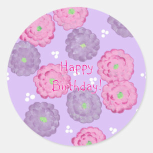 Pegatina Redonda Feliz Cumpleaños, flores rosadas y moradas sticker