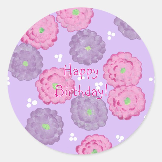 Pegatina Redonda Feliz Cumpleaños, flores rosadas y moradas sticker (Anverso)