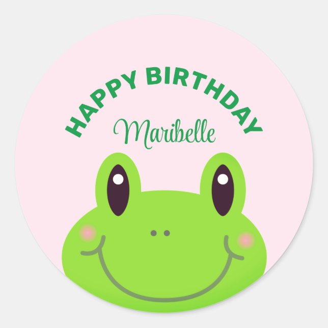 Pegatina Redonda Feliz cumpleaños Frog Cute Pink (Anverso)