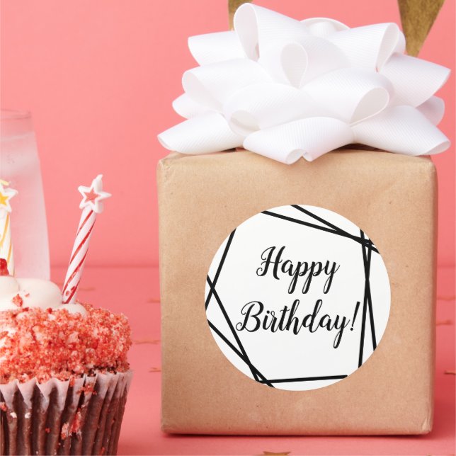 Pegatina Redonda Feliz cumpleaños geométrico negro y blanco (Fiesta)