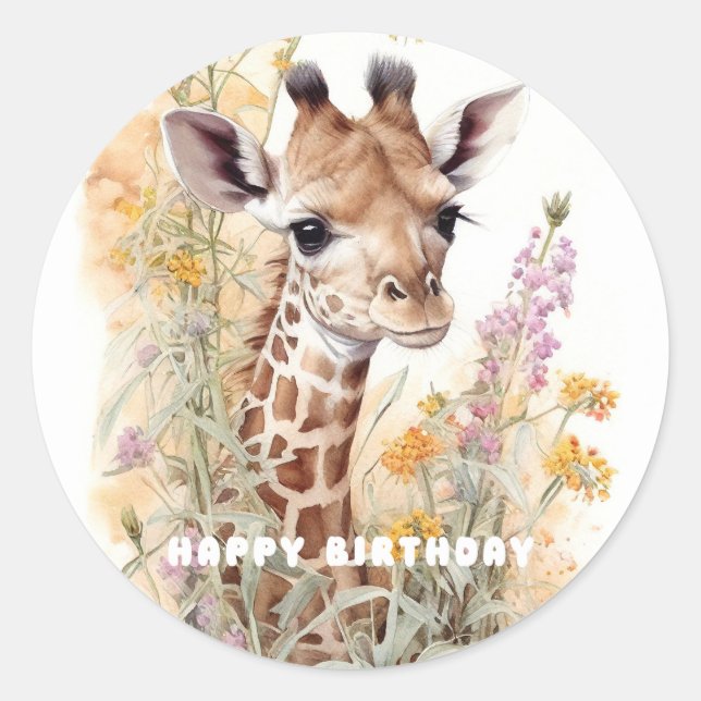 Pegatina Redonda Feliz cumpleaños Giraffe (Anverso)
