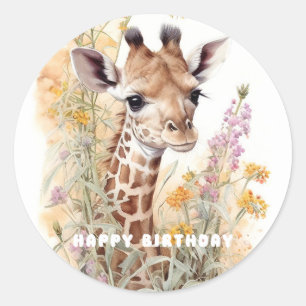 Pegatina Redonda Feliz cumpleaños Giraffe