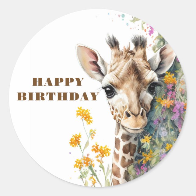 Pegatina Redonda Feliz cumpleaños Giraffe (Anverso)