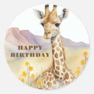 Pegatina Redonda Feliz cumpleaños Giraffe