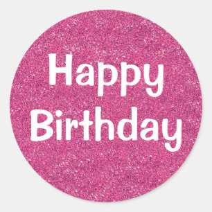 Pegatina Redonda Feliz Cumpleaños Glam Blanco Purpura Brillante Des